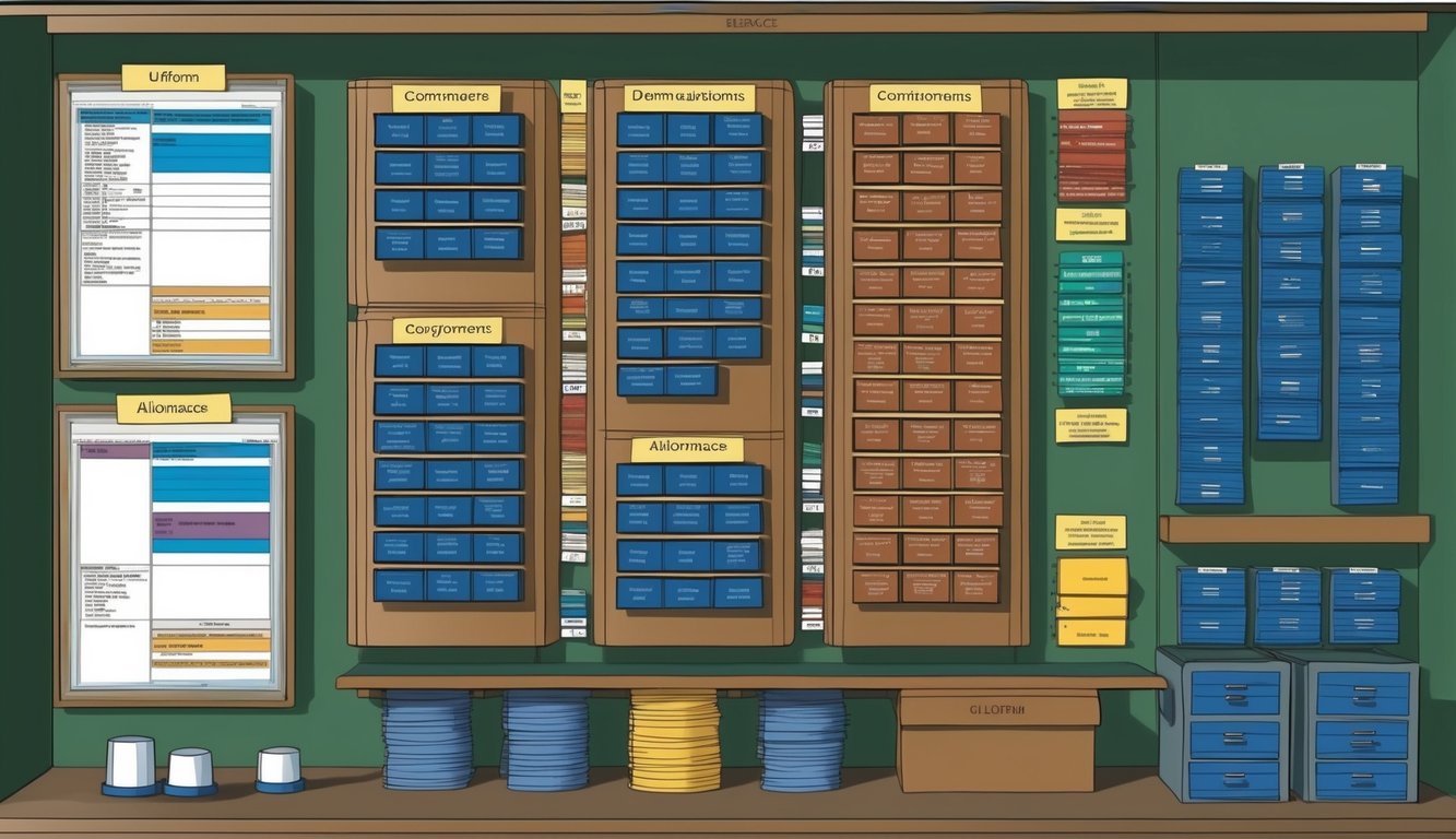 A neatly organized display of uniform components and allowances, following regulations and policies