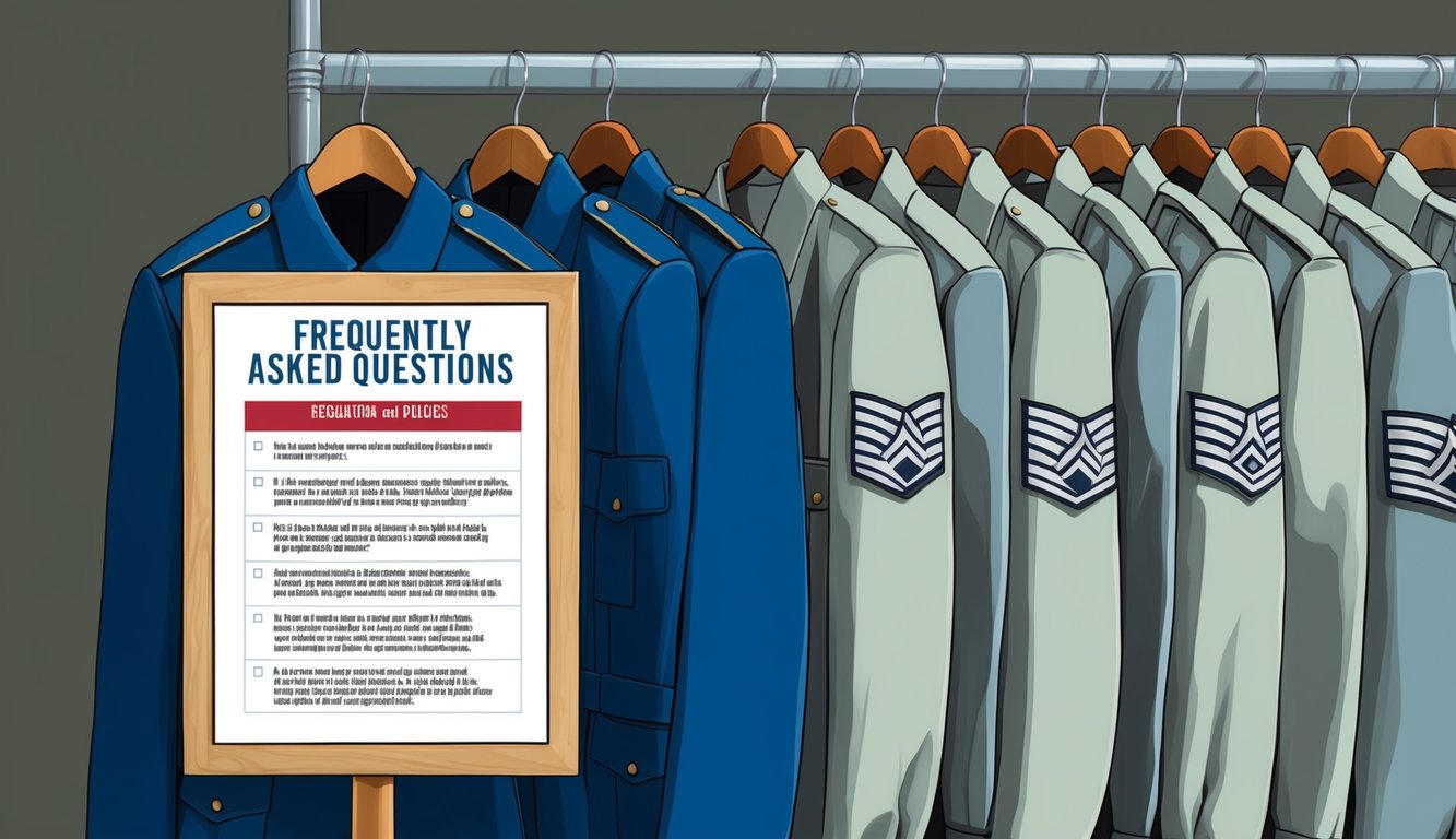 A row of neatly hung uniforms with a sign displaying "Frequently Asked Questions" regulations and policies