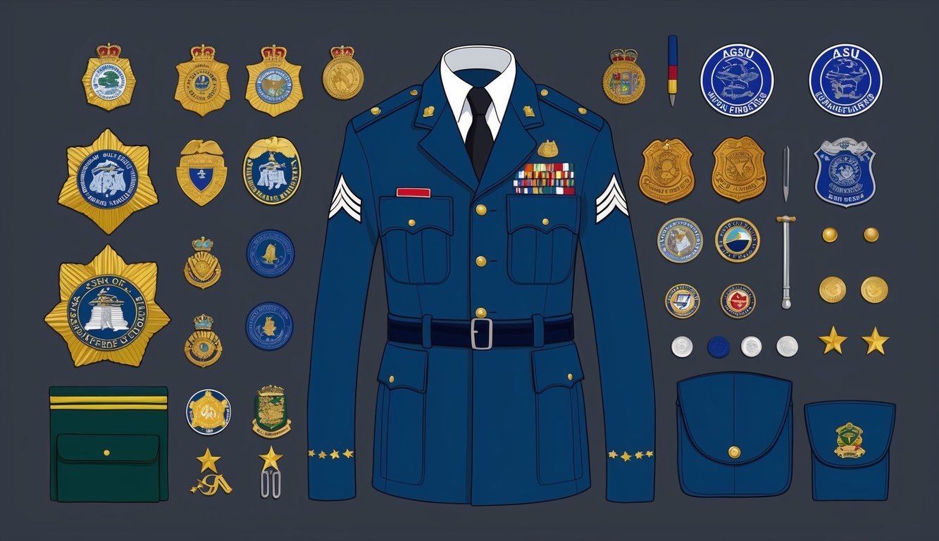 An AGSU officer's uniform laid out neatly with insignia, badges, and accessories arranged in precise order