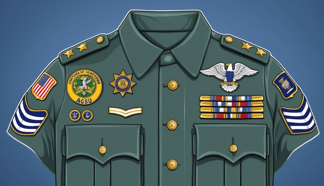 An AGSU officer's insignia and accoutrements arranged on a crisp uniform