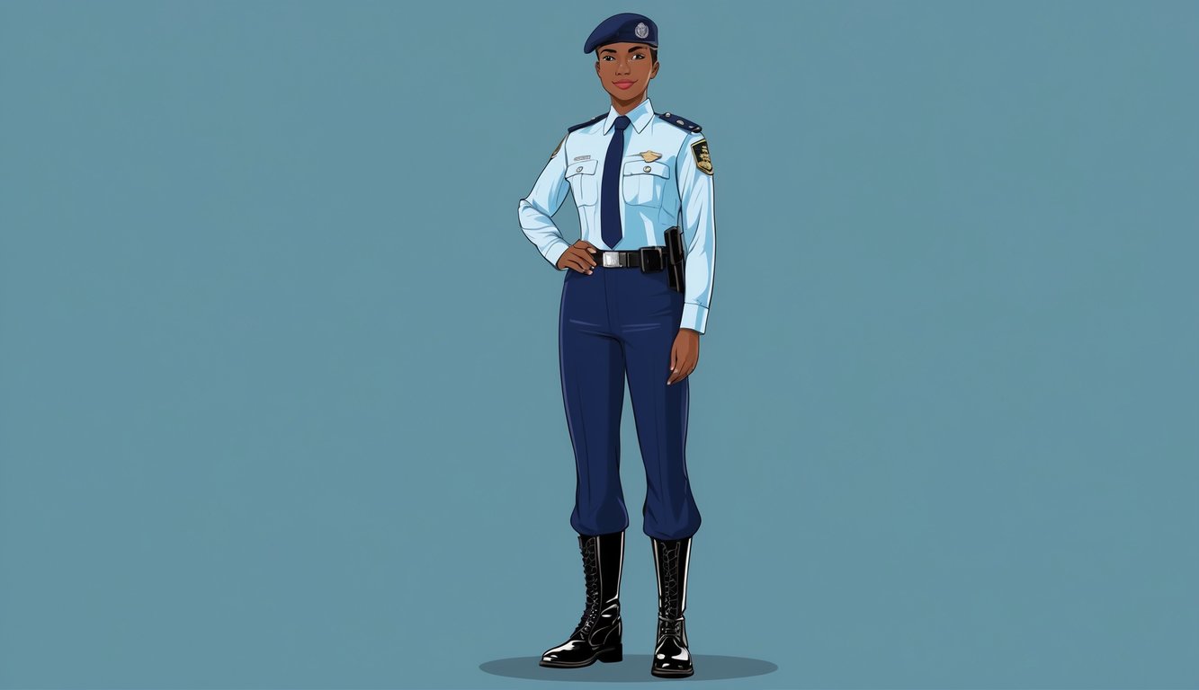 An AGSU officer standing tall and confident, wearing a crisp uniform with polished boots, and a beret perched perfectly on their head