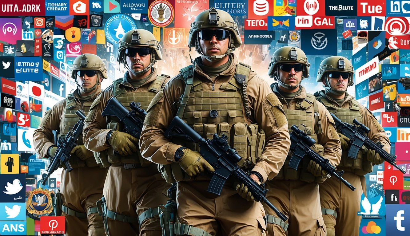 A group of elite military operators surrounded by various media and cultural symbols