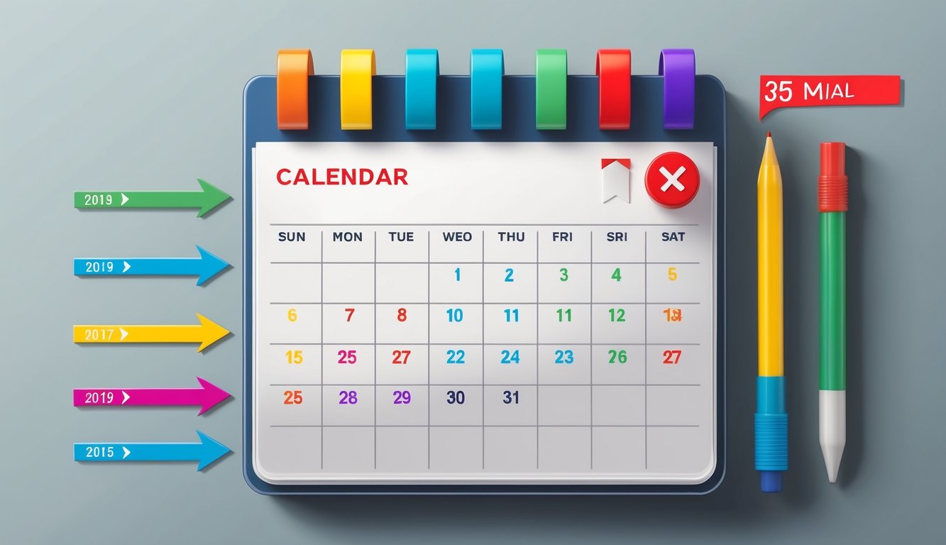 A calendar with colorful markers, arrows, and milestones