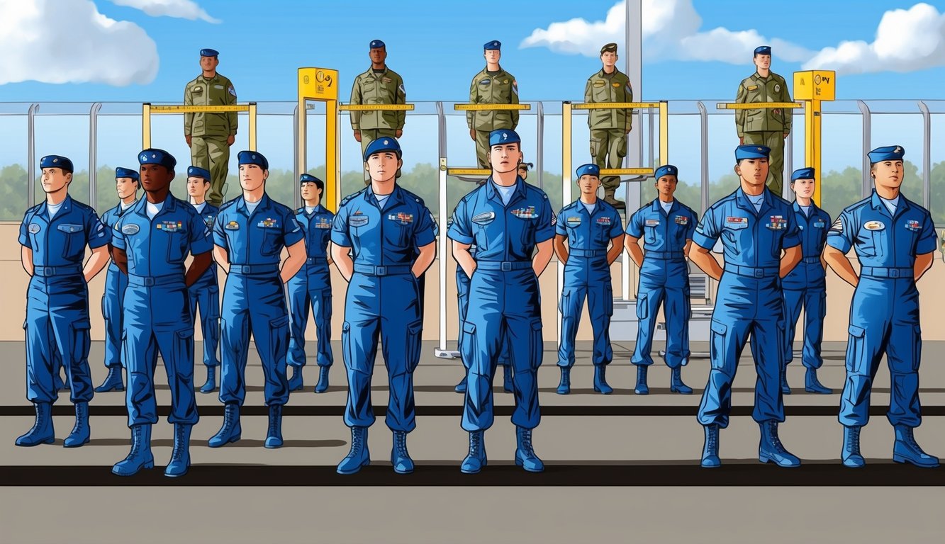 A group of Air Force personnel standing in formation, with a height and weight measuring station in the background