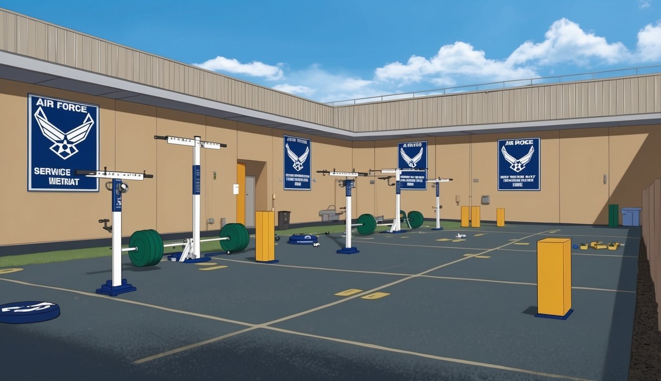 An air force training yard with height and weight measurement equipment and service commitment posters on the walls