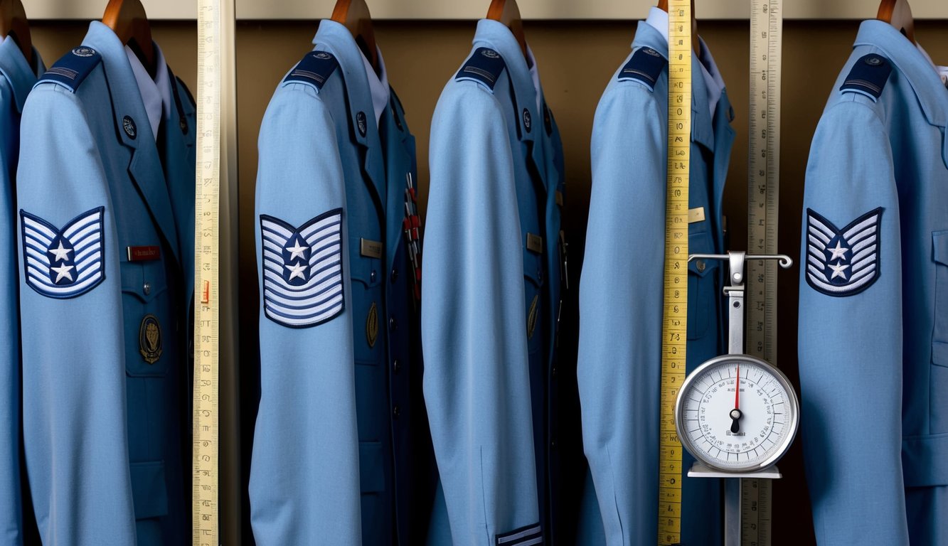 A row of neatly hung Air Force uniforms, accompanied by a scale and measuring tape for height and weight compliance