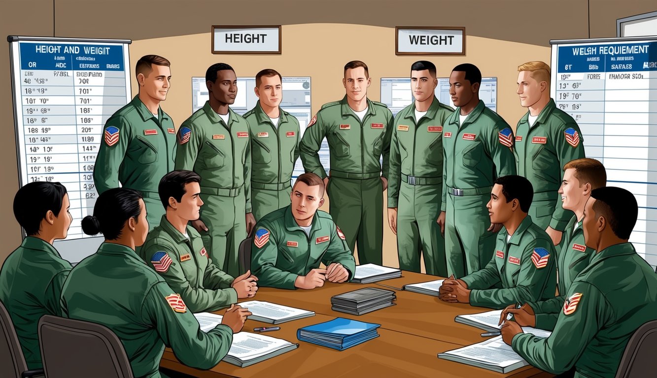 A group of air force personnel gather around a chart showing height and weight requirements, with resources and support materials nearby