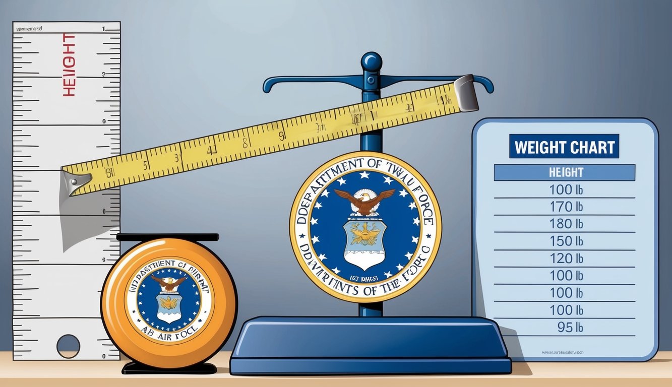 A scale with a measuring tape, a height chart, and a weight chart, all with the Department of the Air Force logo displayed prominently