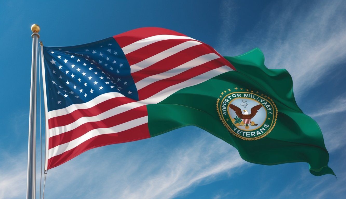 An American flag with a green stripe, symbolizing support for military veterans, flies proudly against a blue sky