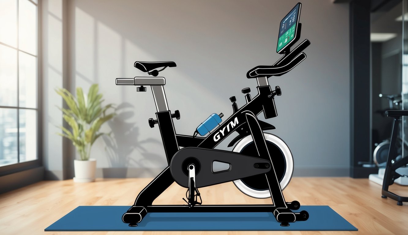 A stationary bike positioned in a gym, with a digital display showing distance, time, and resistance level