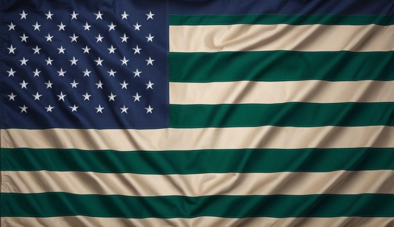 An American flag with a green stripe running vertically down the center