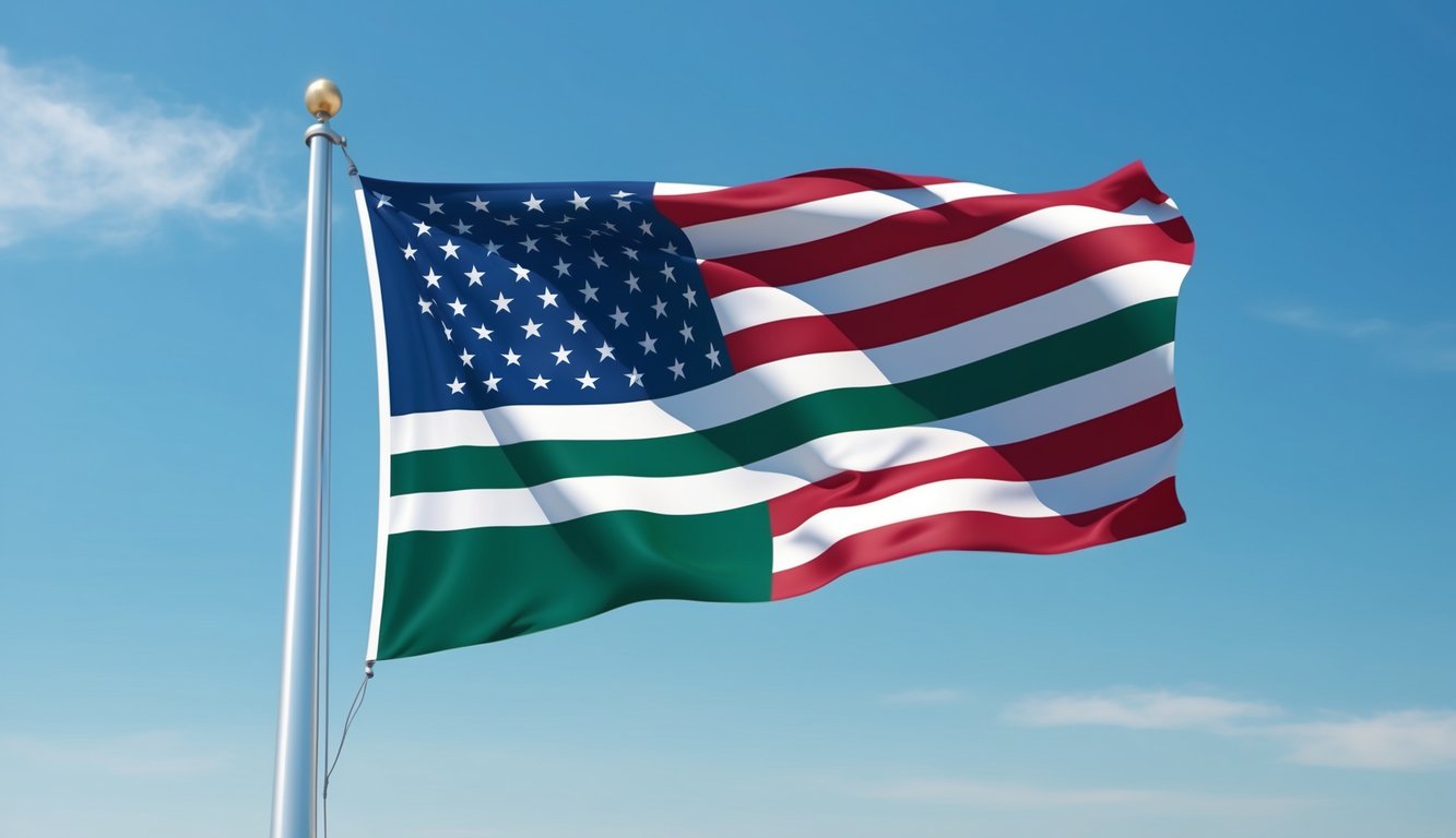 A modern American flag with a green stripe, symbolizing support for veterans and military personnel, flies proudly against a clear blue sky