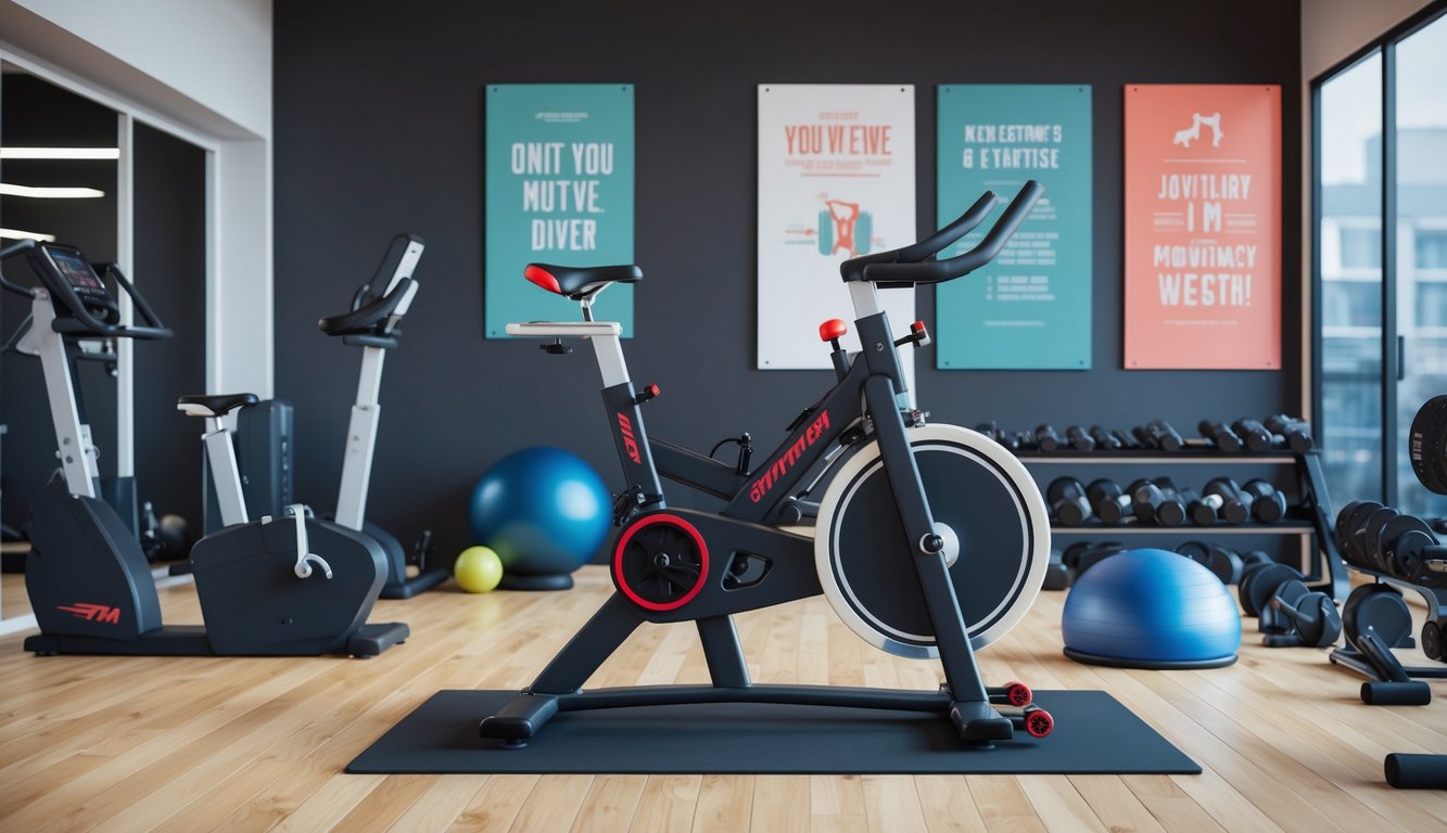 A stationary bike set up in a gym, surrounded by exercise equipment and motivational posters