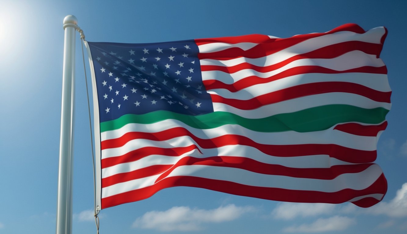 An American flag with a green stripe flying proudly in the wind