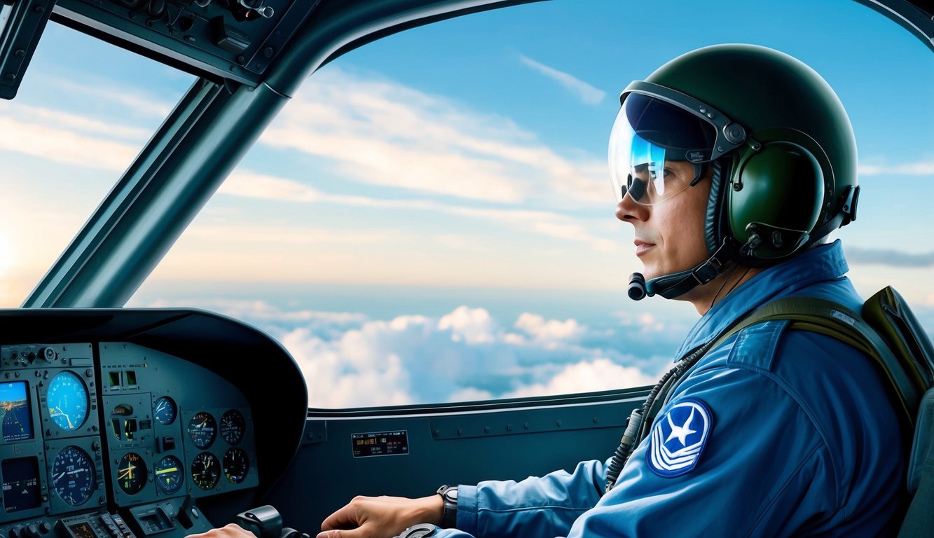 A military pilot wearing a helmet with a visor, sitting in the cockpit of a fighter jet, looking ahead at the control panel and the sky through the windshield