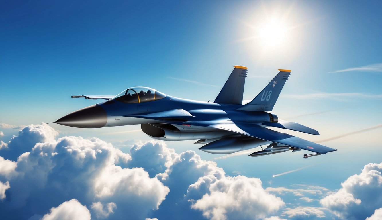 A clear blue sky with a sleek fighter jet soaring through the air, surrounded by fluffy white clouds and the sun shining brightly