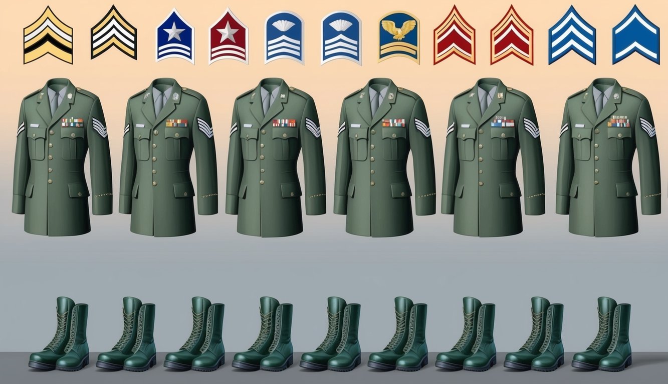 A soldier's uniform and boots arranged in a neat line, with a series of military rank insignias displayed above them