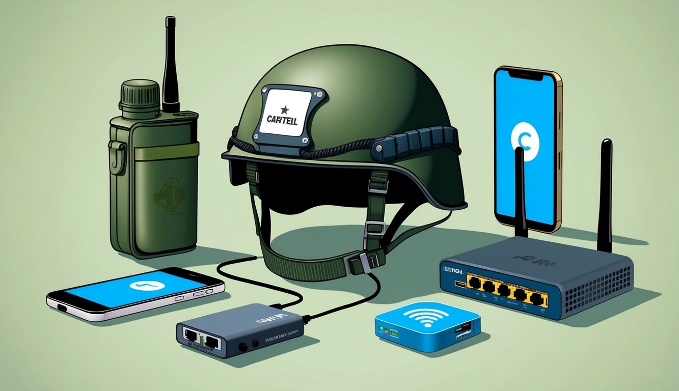 A soldier's helmet, radio, and canteen sit alongside a smartphone, GPS, and internet router, symbolizing the transfer of military technology to civilian life