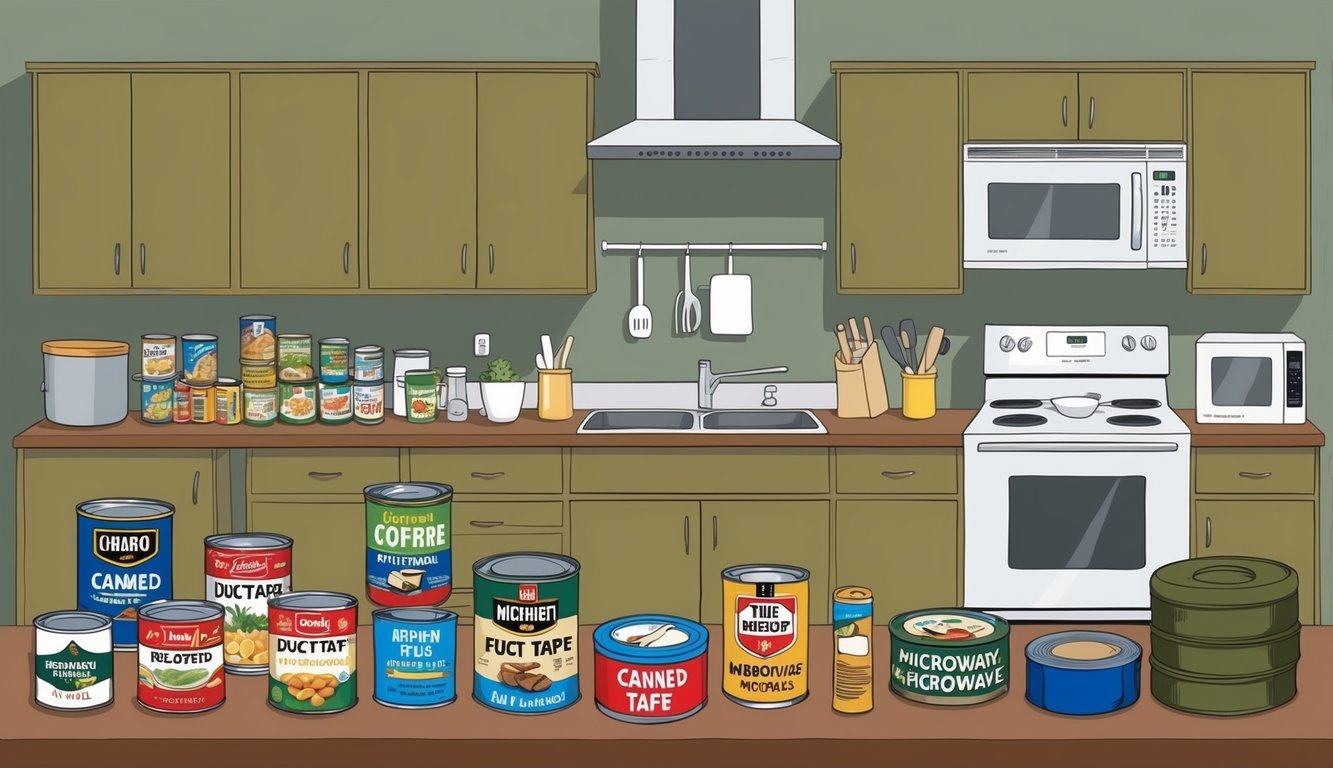 A kitchen filled with everyday items, such as canned food, duct tape, and microwaves, all originally designed for military use