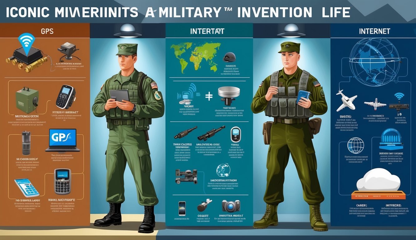 A display of iconic military inventions, from GPS to the internet, integrated into everyday civilian life