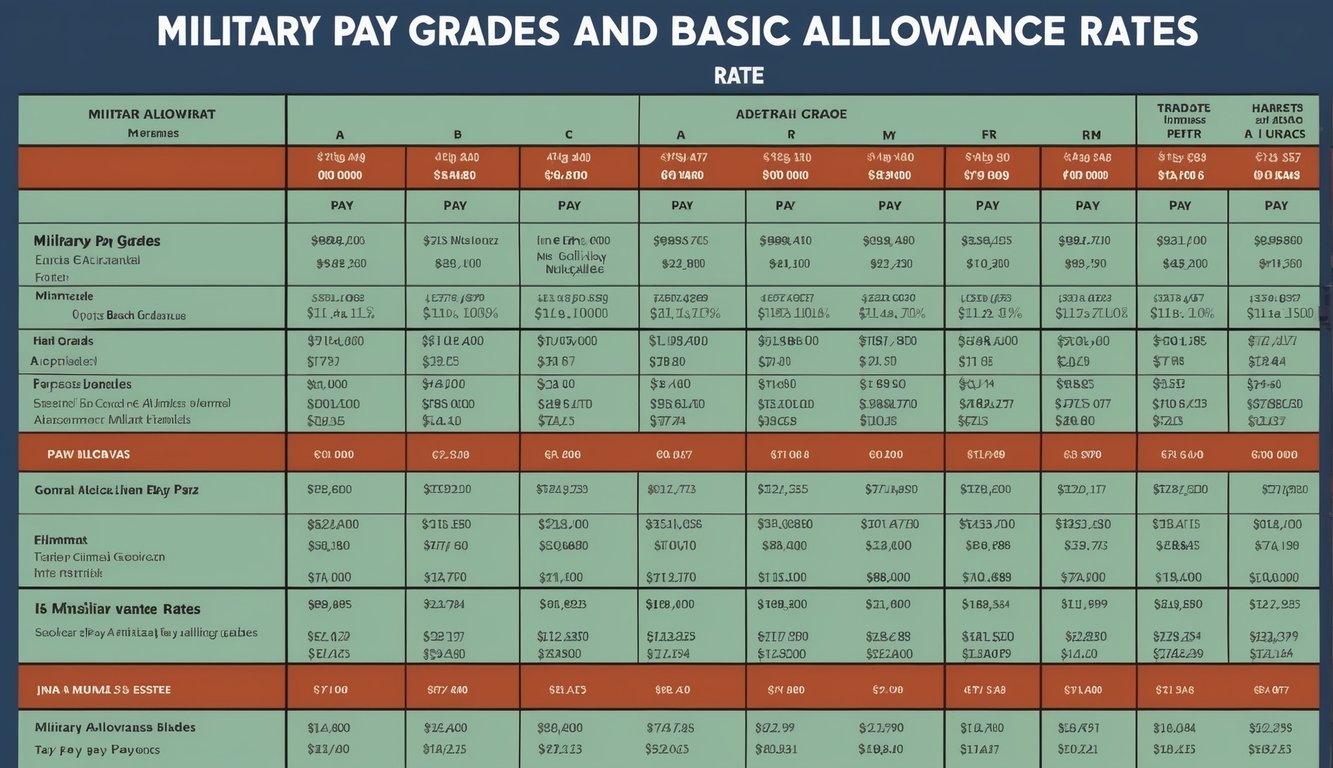 A chart displaying military pay grades and basic allowance rates, organized in a clear and easy-to-read format