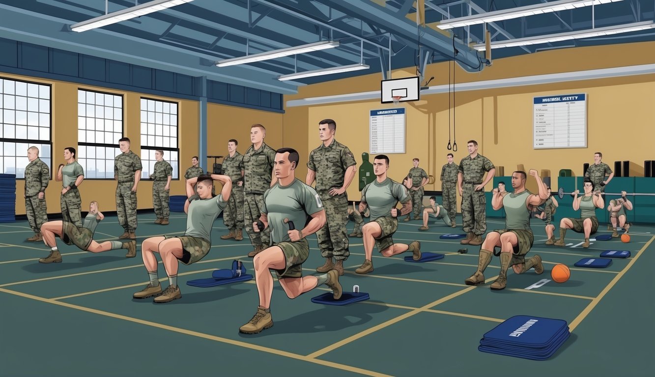 A group of military personnel performing various physical fitness exercises in a gym, with equipment and score sheets visible