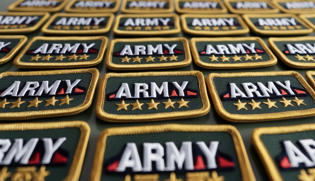 A row of uniform patches with "ARMY" in block lettering, aligned perfectly on a flat surface