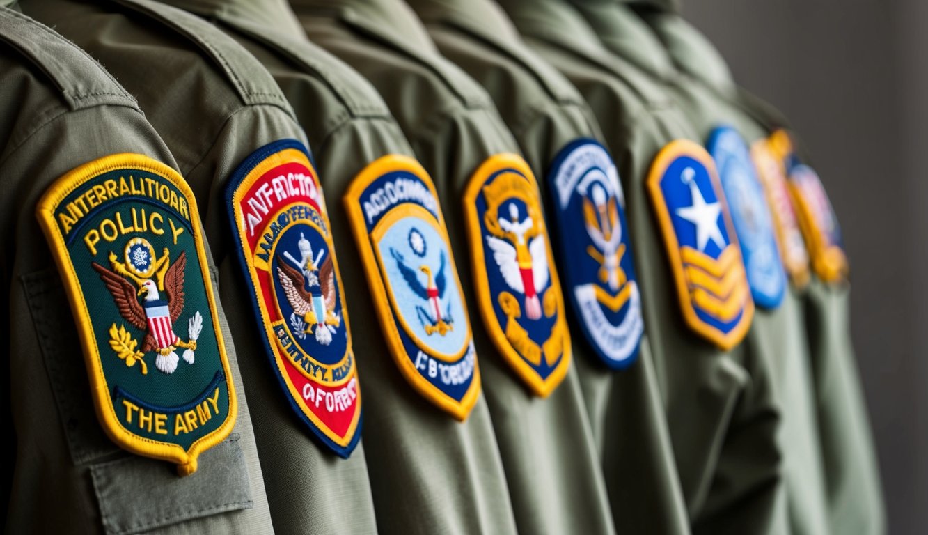 A row of military patches on a uniform sleeve, each representing a different policy and regulation within the army