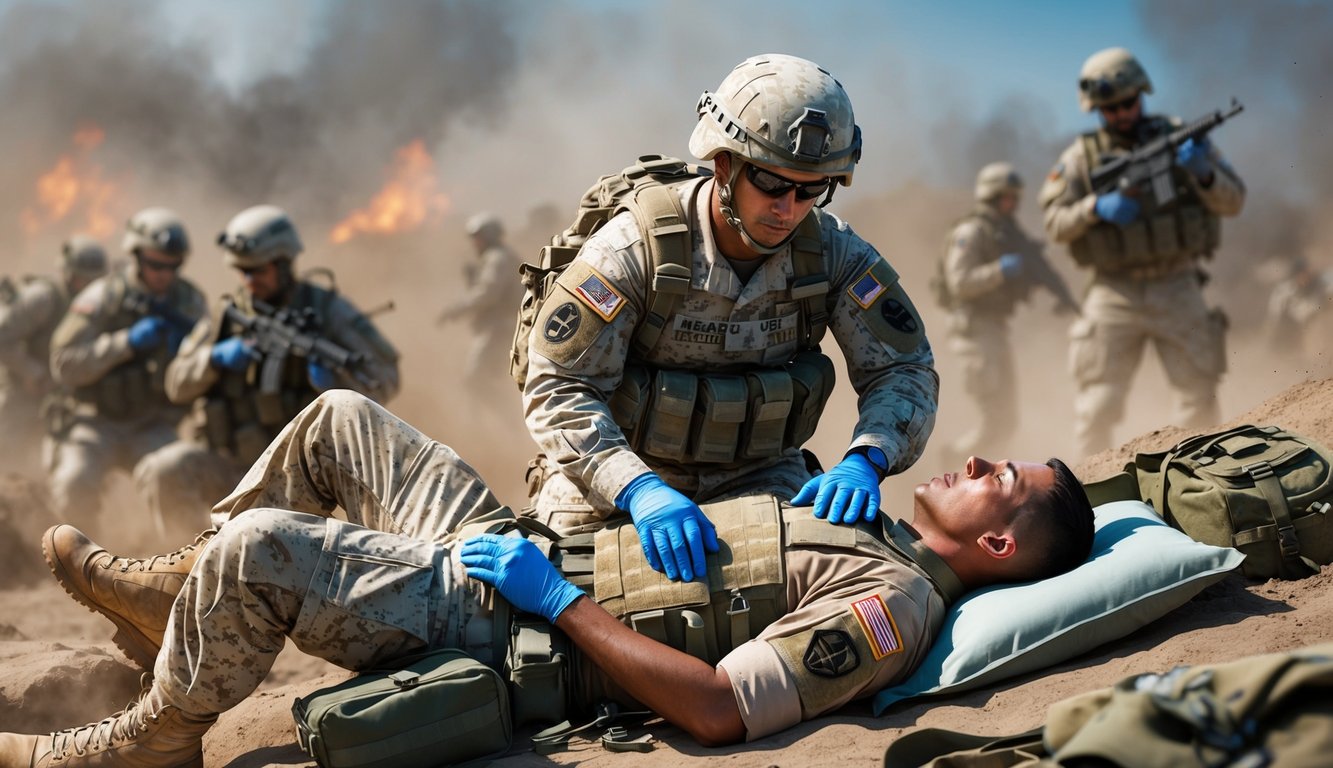 A combat medic specialist 68W treating a wounded soldier in a battlefield