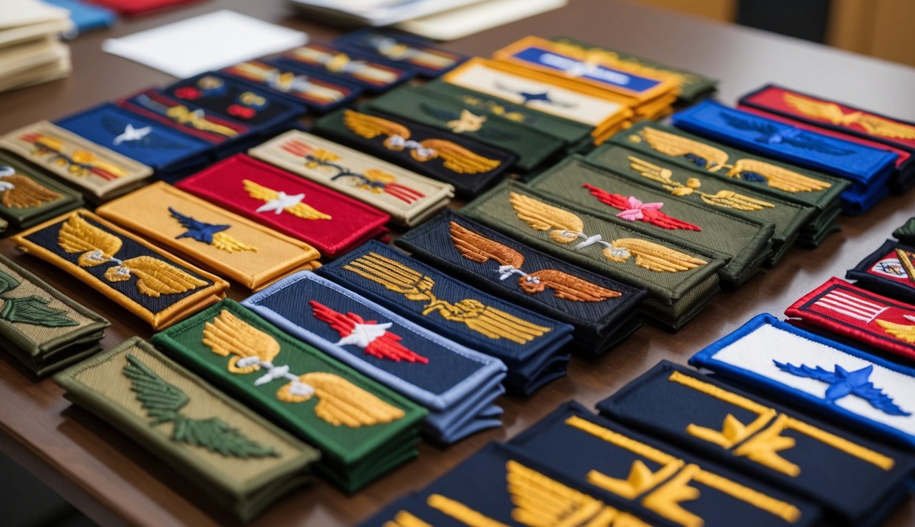 A row of uniform patches in various colors and designs, neatly arranged on a table for inspection