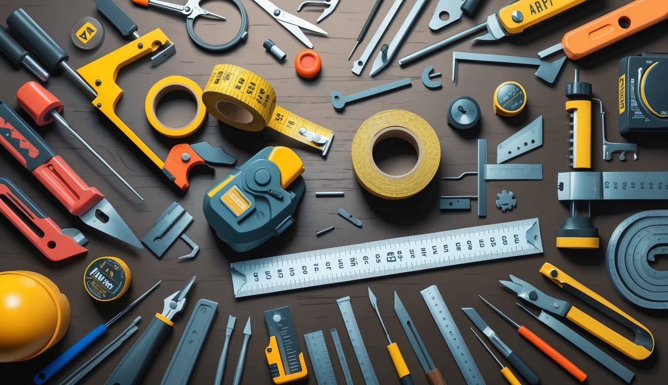 A table covered in various tools and measuring devices, with a roll of army tape and a set of standards for calculations