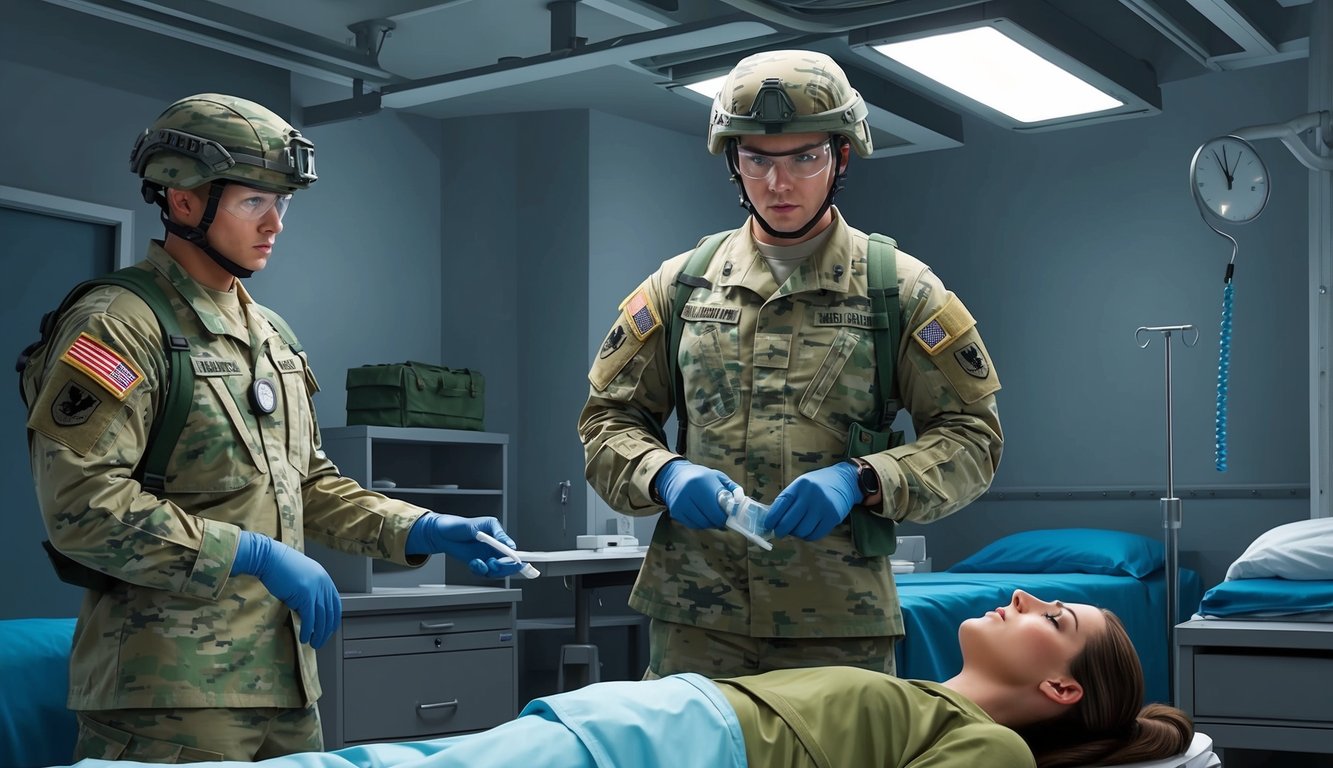 A combat medic specialist 68W performs medical and clinical skills in a military setting