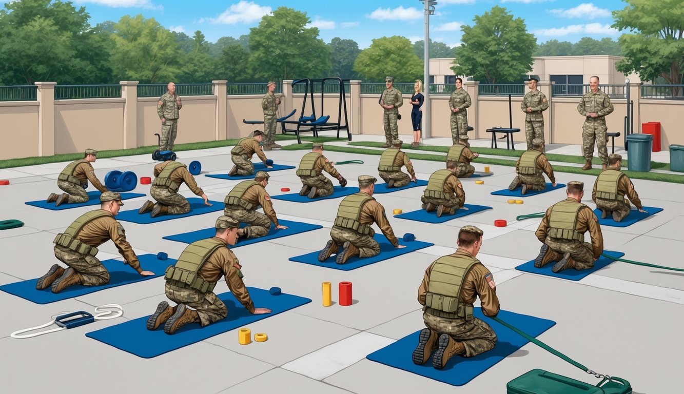 A group of soldiers perform various fitness exercises in a designated area, with equipment and instructors present to ensure adherence to army tape standards