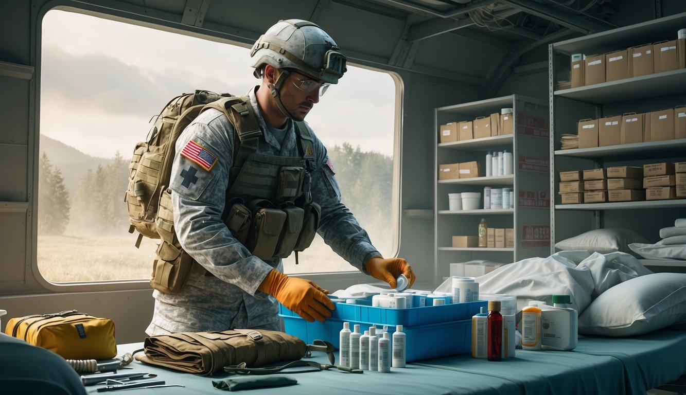 A combat medic specialist prepares medical supplies in a field hospital