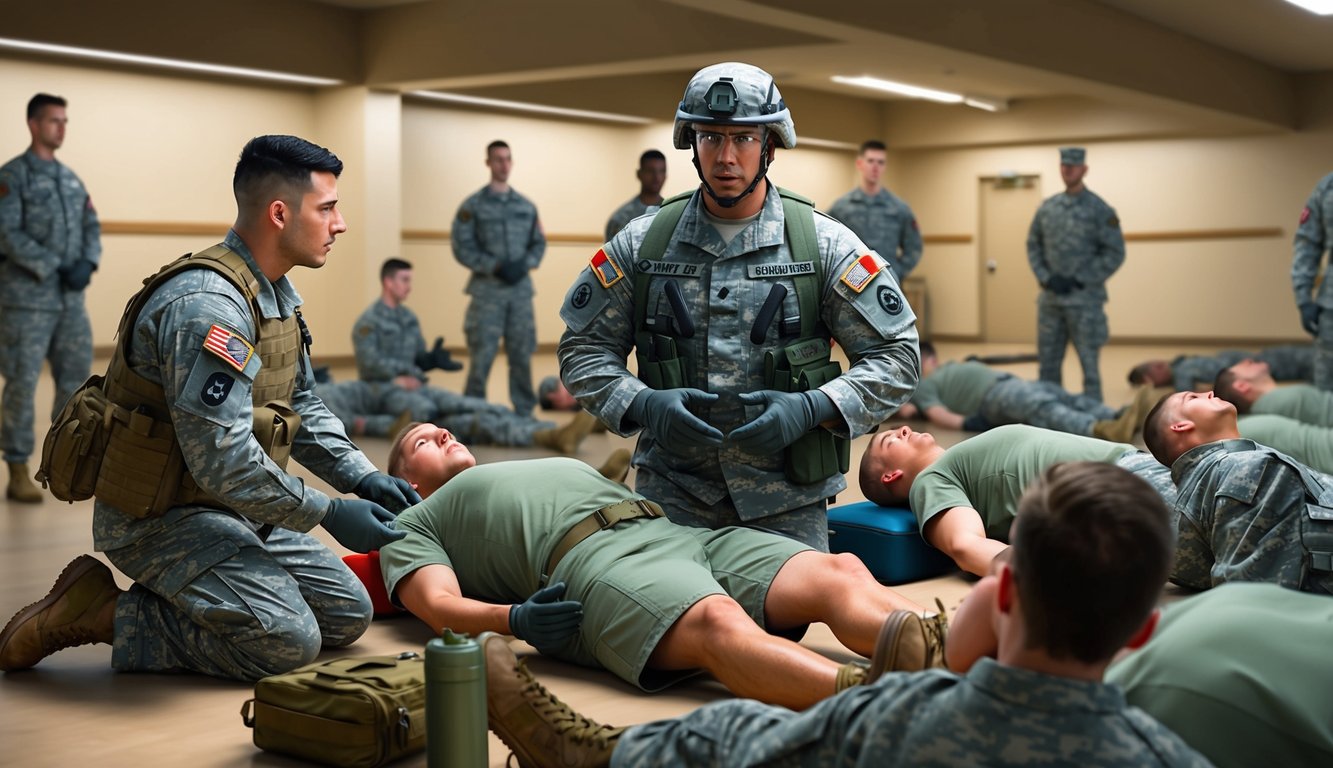 A combat medic specialist instructing recruits on first aid techniques in a military training facility