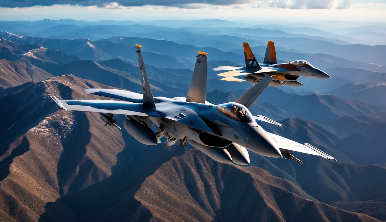 Aerial view of two fighter jets, f15 and f16, flying in formation over a mountainous terrain