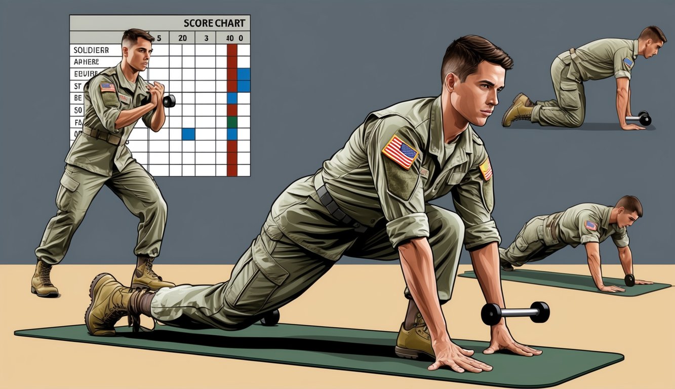 A soldier performing various physical fitness exercises, with a score chart displayed in the background