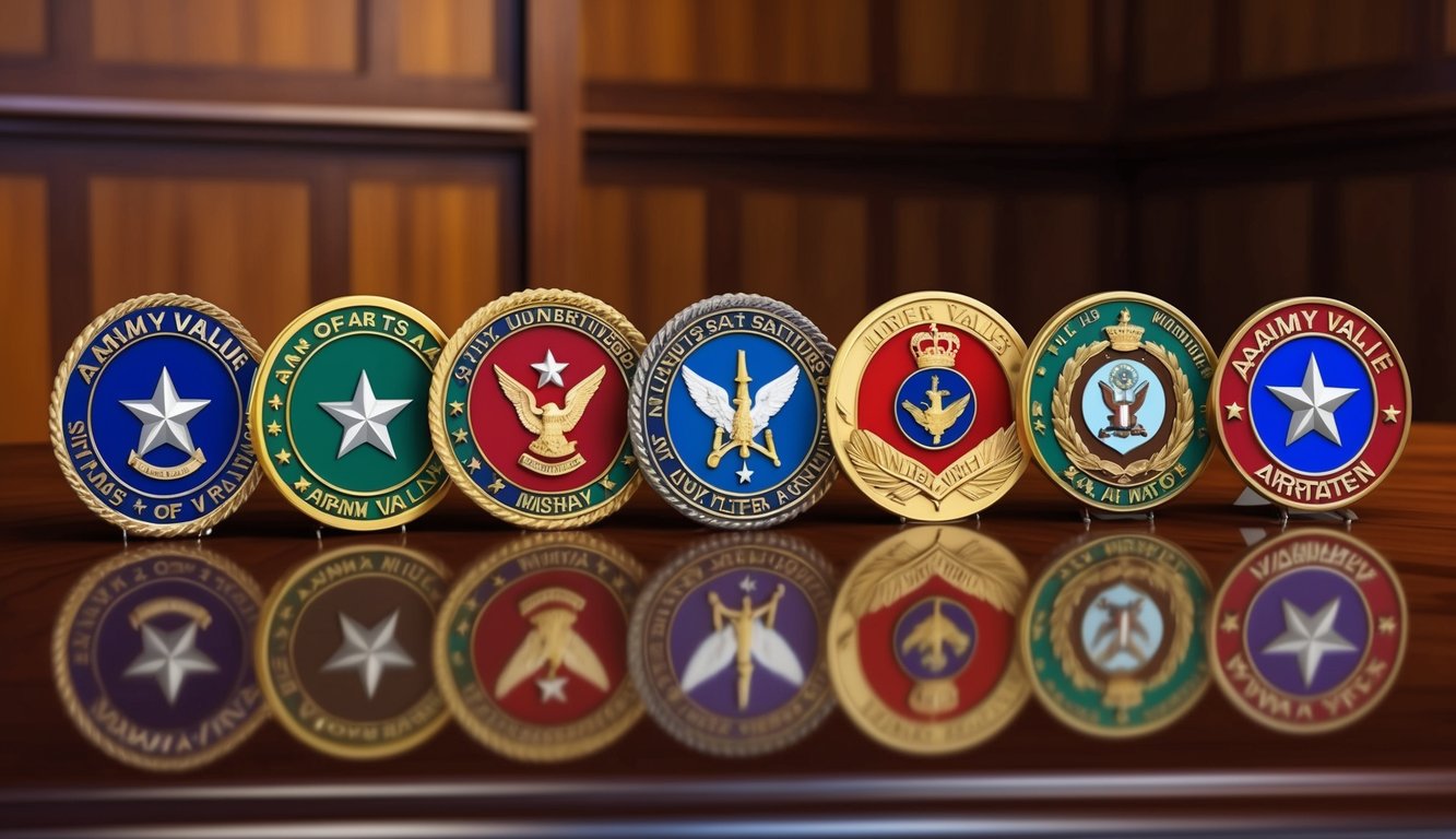 A row of military badges displayed on a polished wooden surface, each representing a different army value