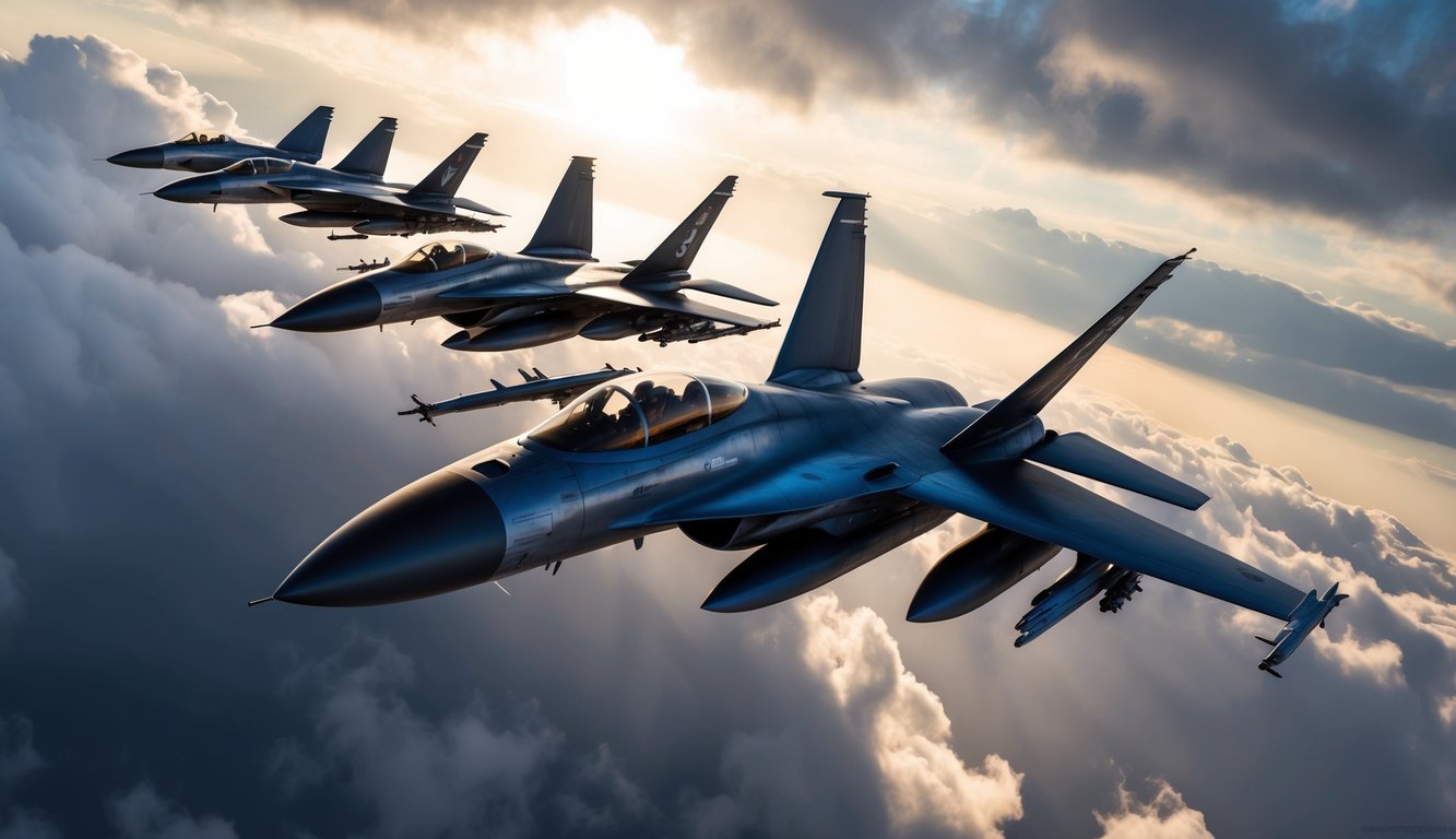 A squadron of fighter jets soaring through the clouds, with the sun casting dramatic shadows on their sleek, metallic exteriors