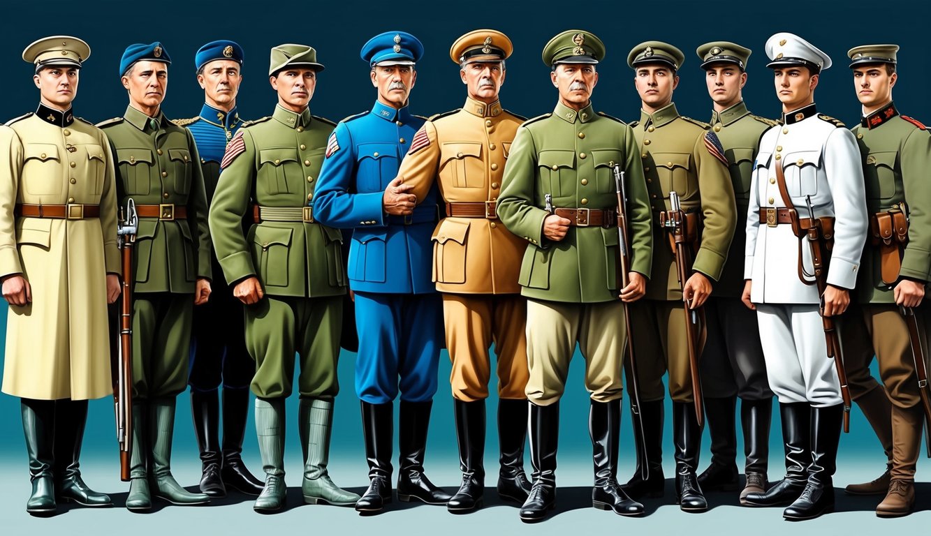 A group of soldiers from different historical eras standing together, representing the evolution of army values