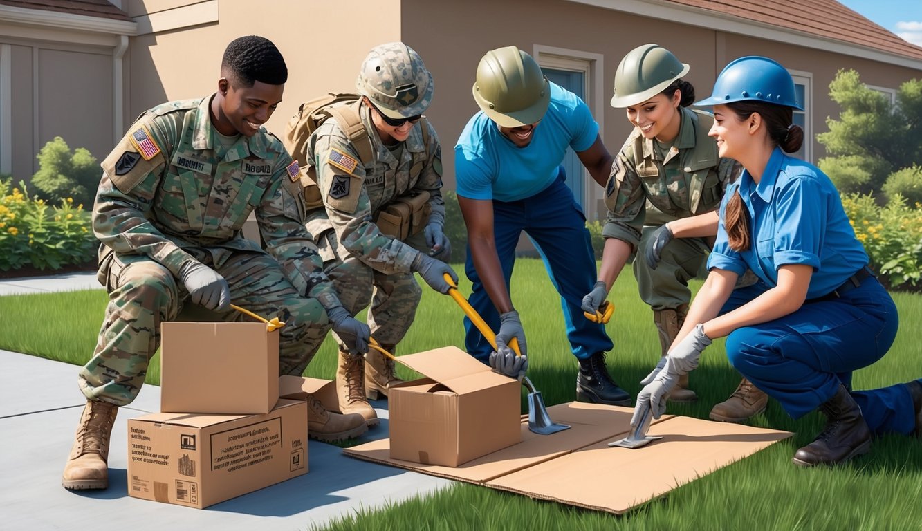 Soldiers and civilians working together in a community service project, displaying teamwork and respect for one another