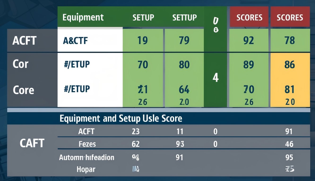 A table with a chart showing equipment and setup scores for acft