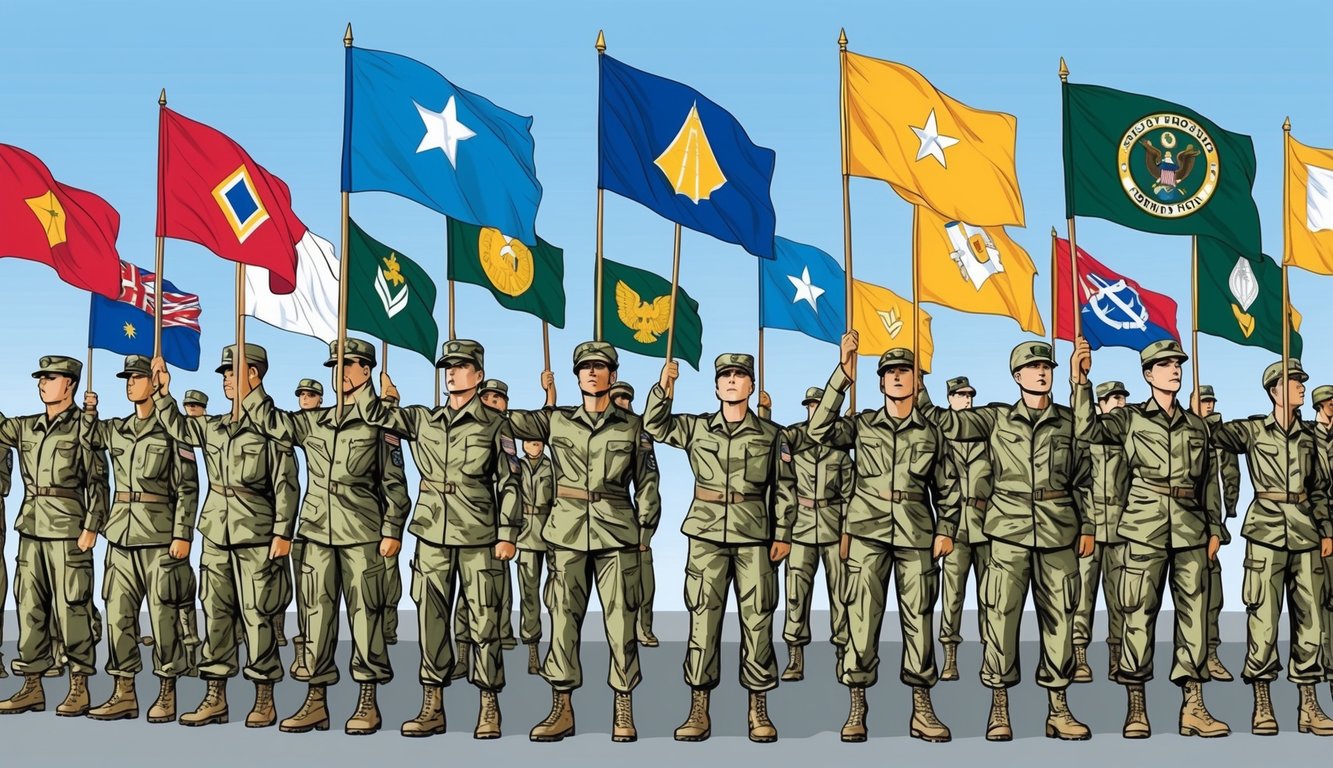 A group of soldiers standing in formation, each holding a flag representing one of the army values.</p><p>The flags are raised high, creating a powerful and unified image