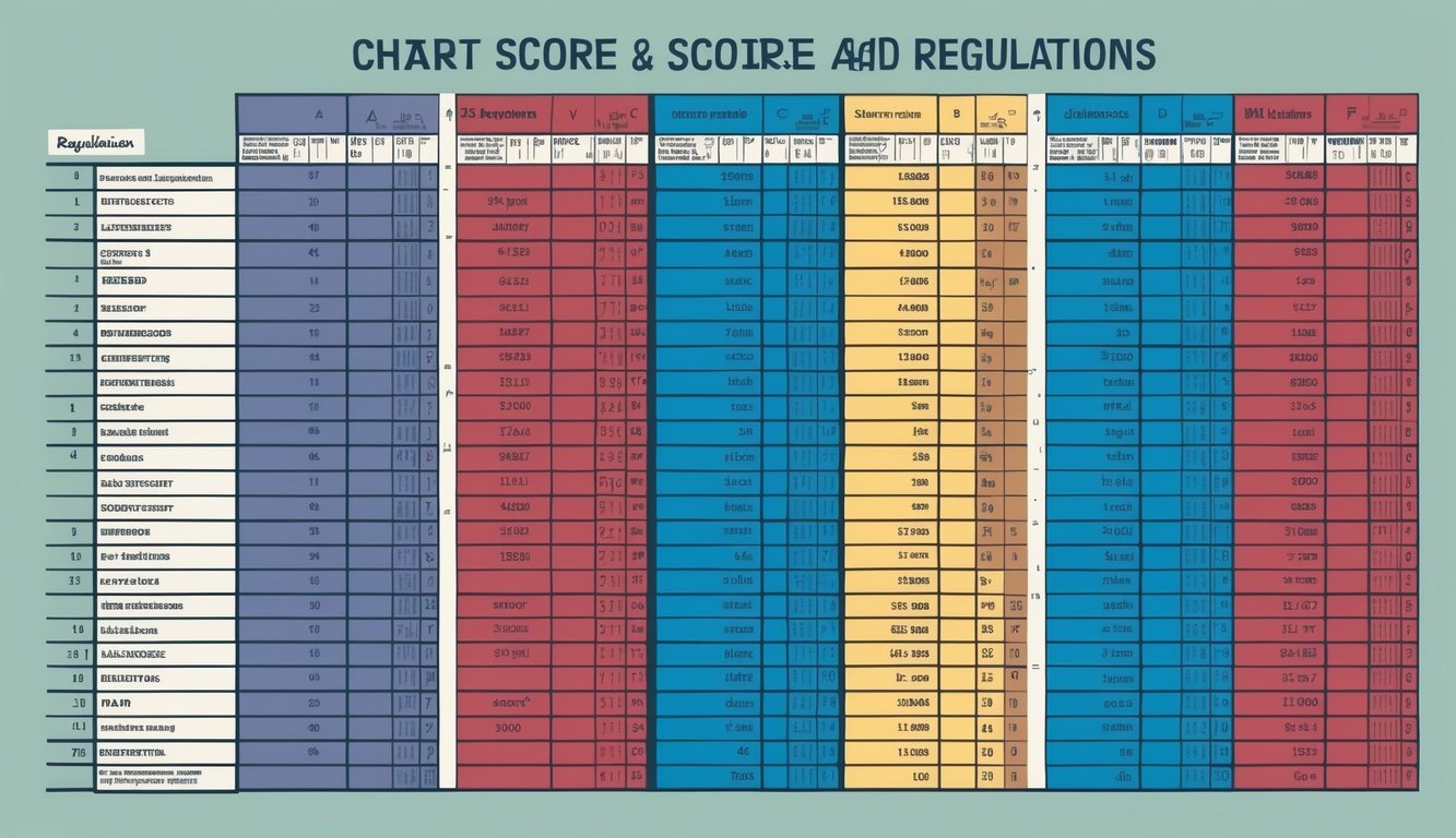 A chart with labeled columns and rows, showing various scores and corresponding regulations