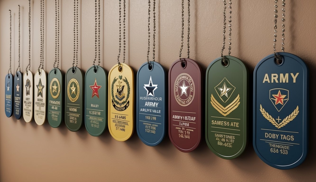 A row of military dog tags hanging on a wall, each representing a different army value