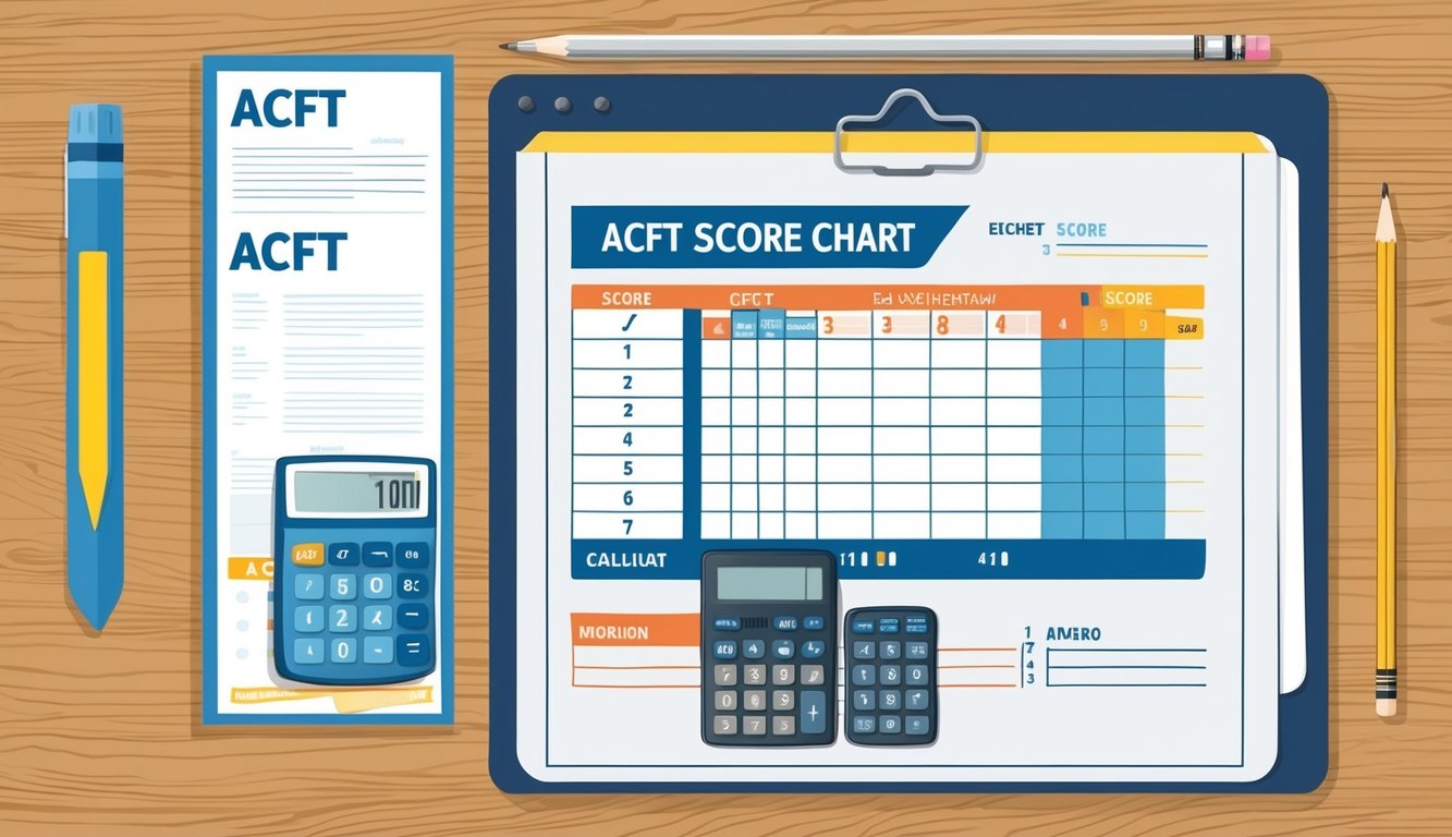 A desk with a neatly arranged ACFT score chart, calculator, and pencil