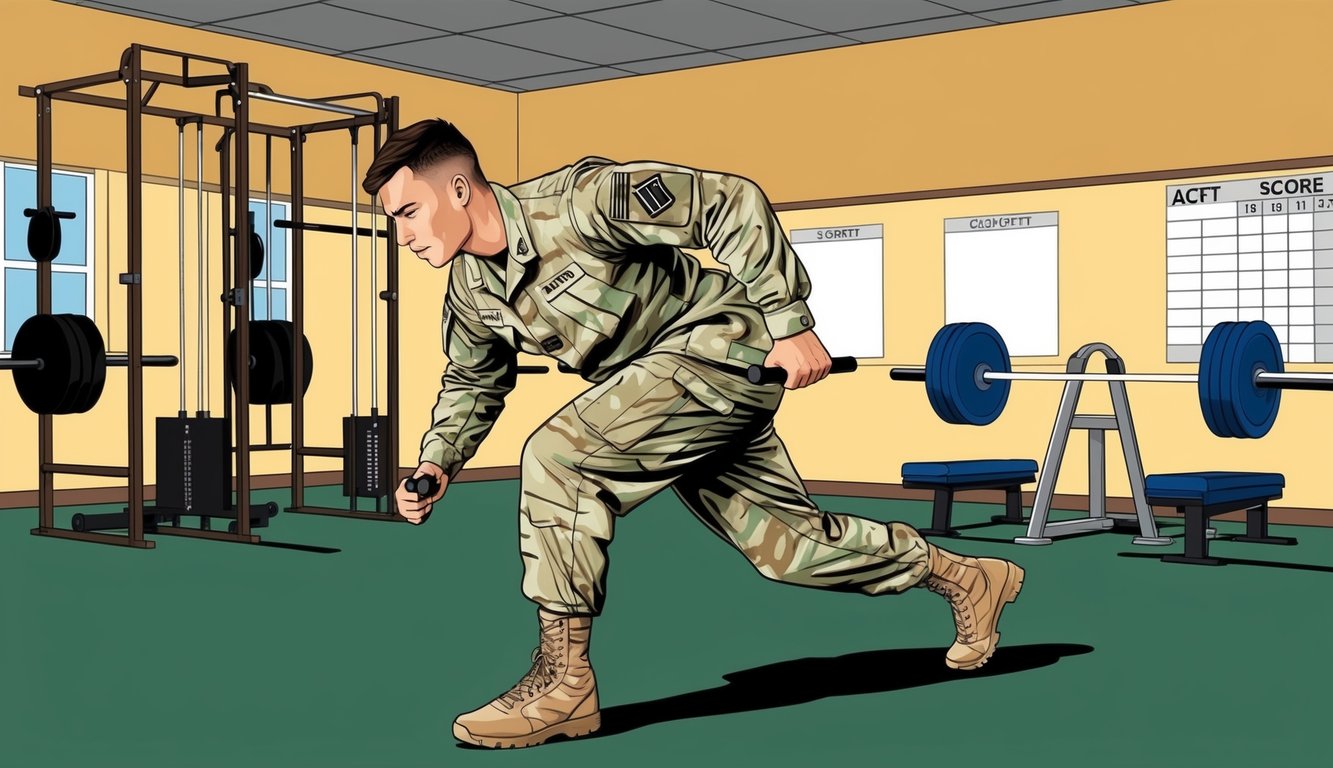 A soldier performs the ACFT exercises in a gym, with various equipment and score chart in the background