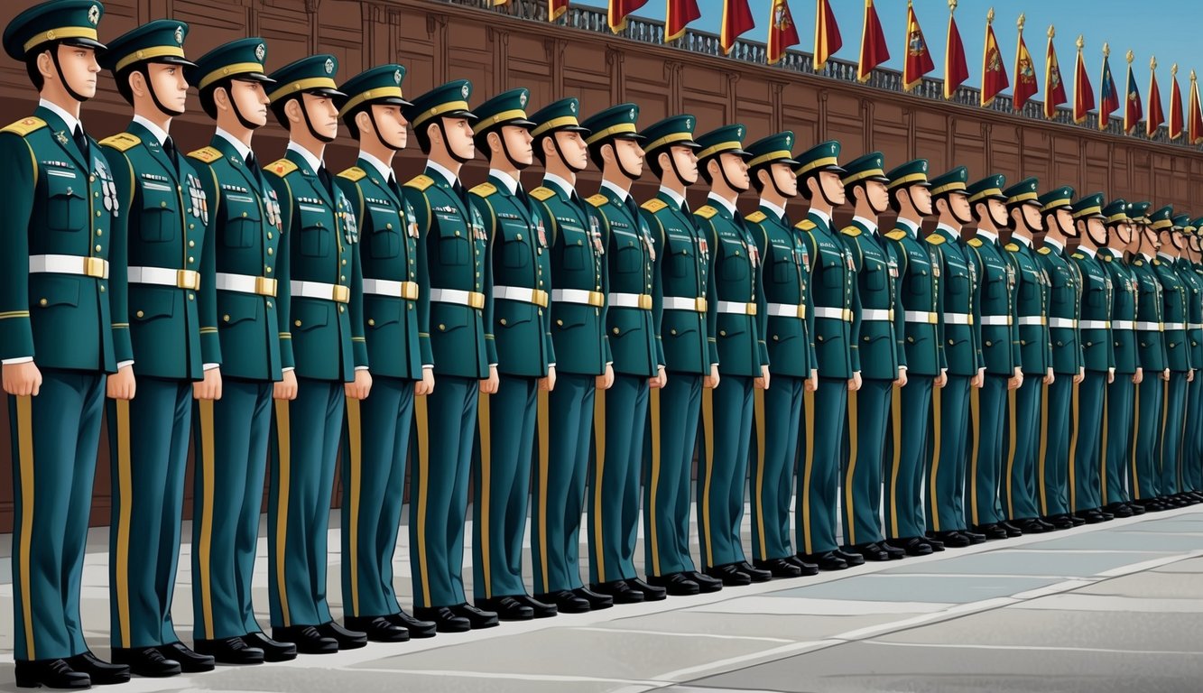 A row of military ranks lined up in descending order, with generals at the top and privates at the bottom, symbolizing the hierarchical structure of the Spanish military