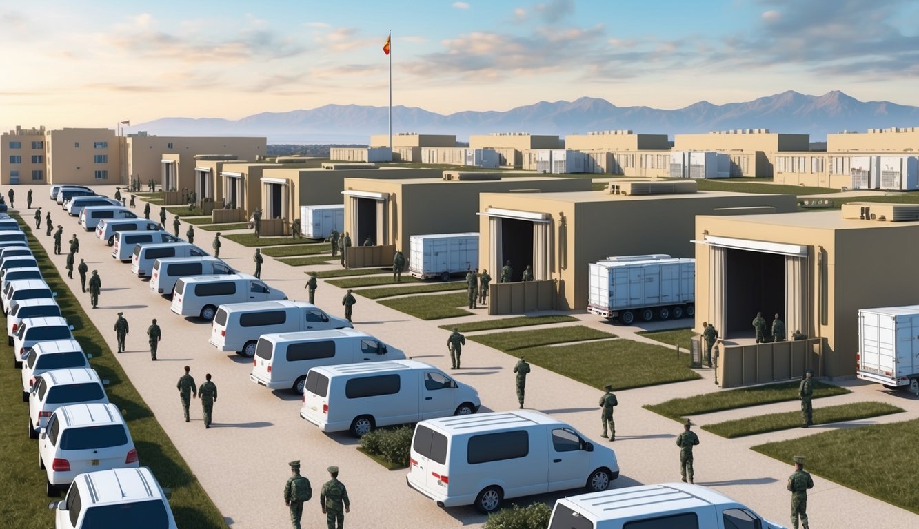 A row of military installations and bases in Spain, with uniformed personnel moving about and vehicles parked in organized rows