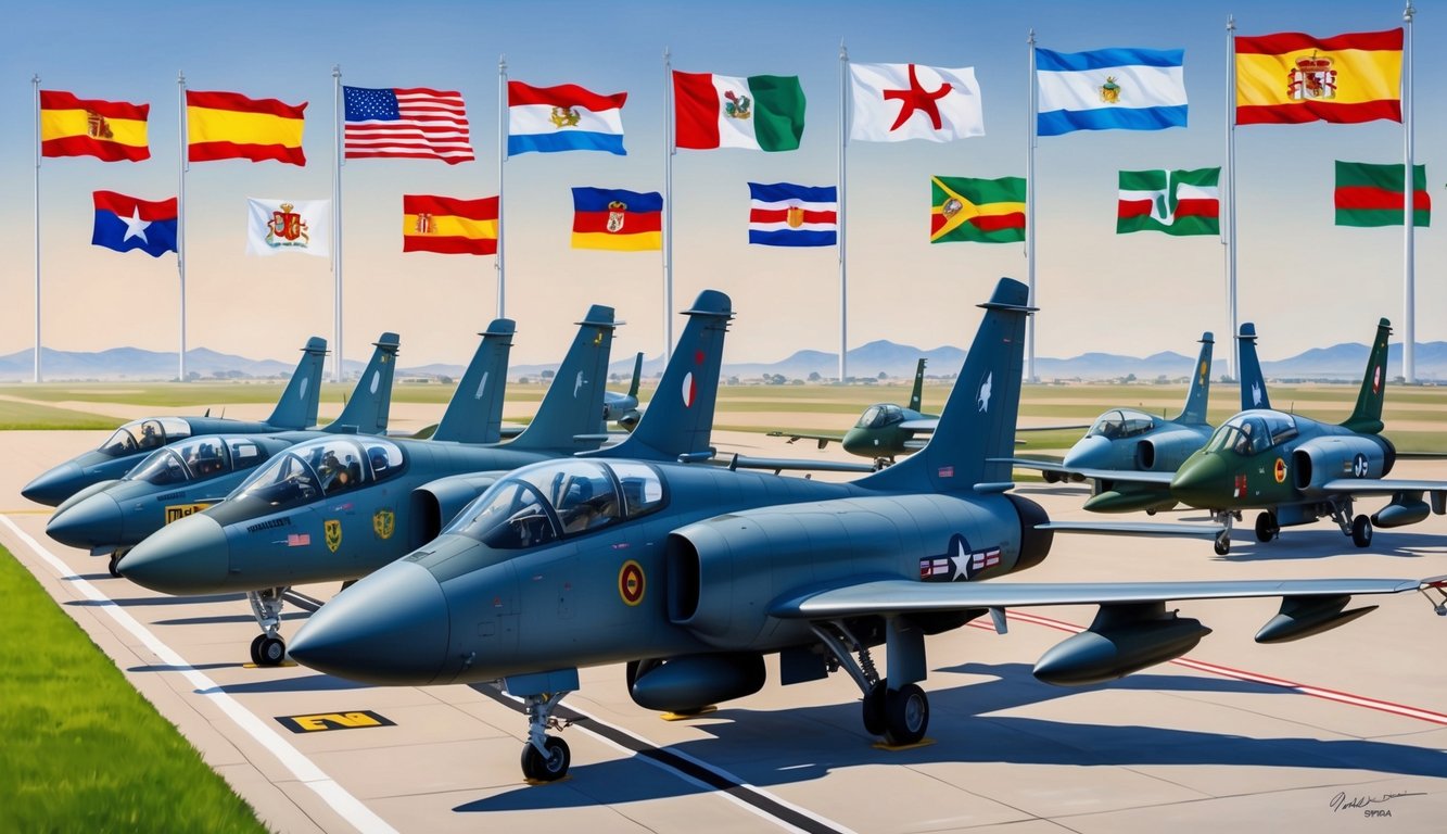 A group of military aircraft from different countries are lined up on a runway in Spain, with flags from various nations flying in the background